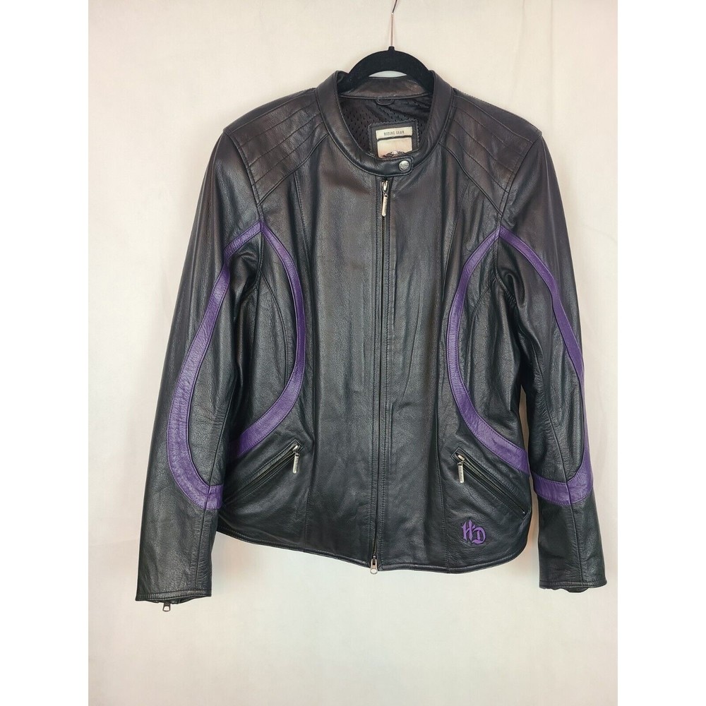 Harley-Davidson Women's Black Leather Motorcycle Jacket with Purple Accents
